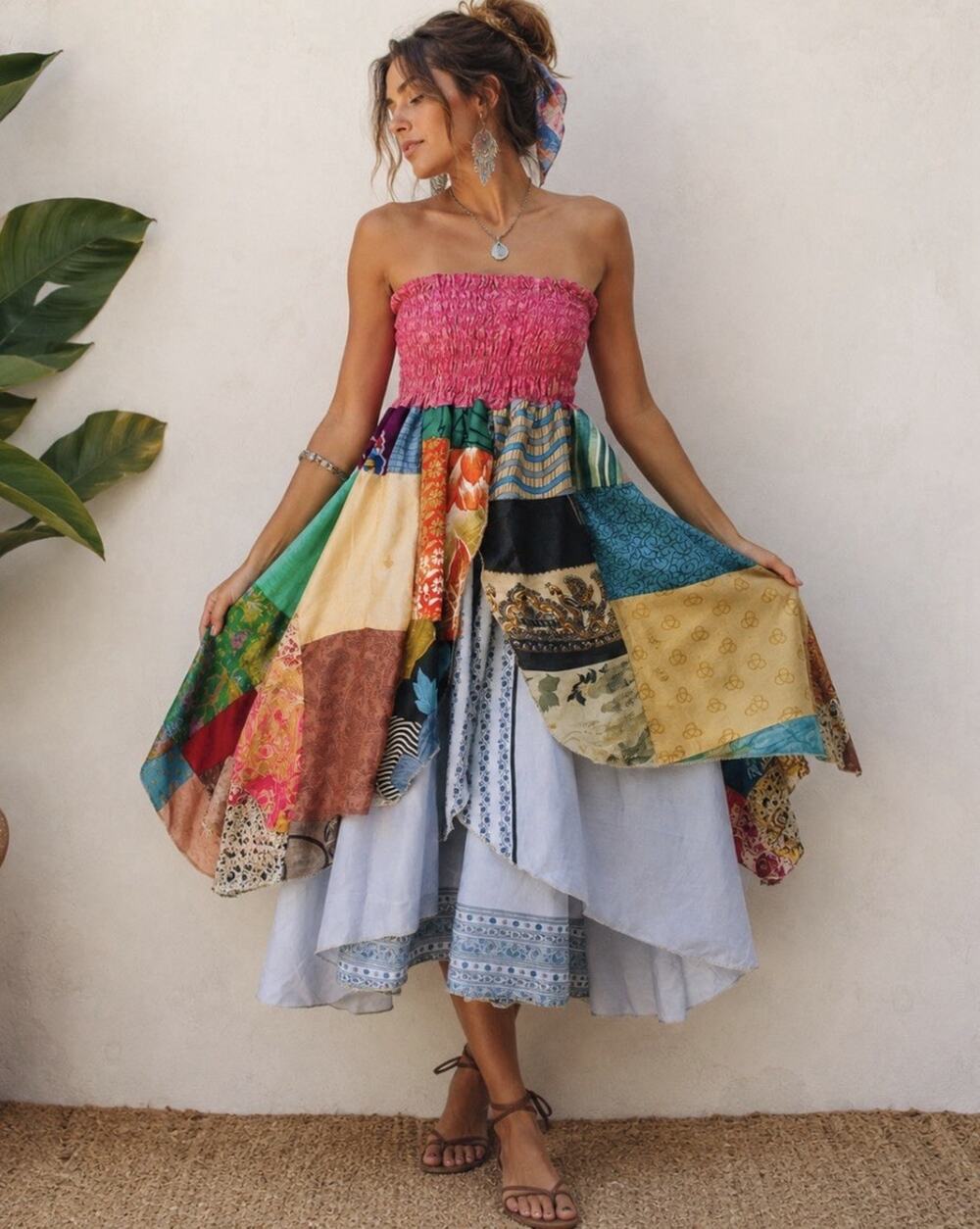 Handmade Upcycled Artisan Smocked top Patchwork Flowy Asymmetric Midi Skirt